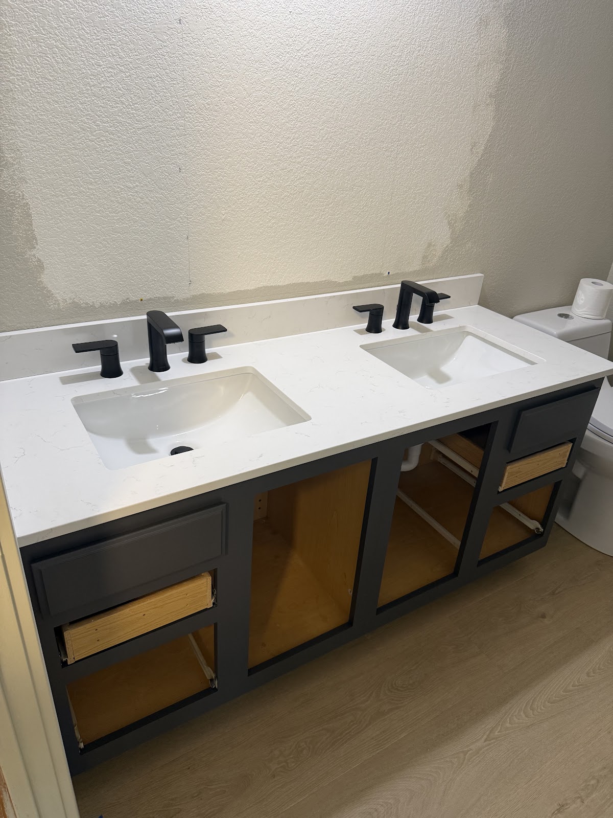 Double vanity with matte black faucets
